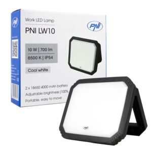 Lampa robocza LED PNI LW10 10W, przenośna, akumulatorowa, z 2 bateriami 18650 4000mAh, 6500K, IP54, 700 lm, 2 poziomy